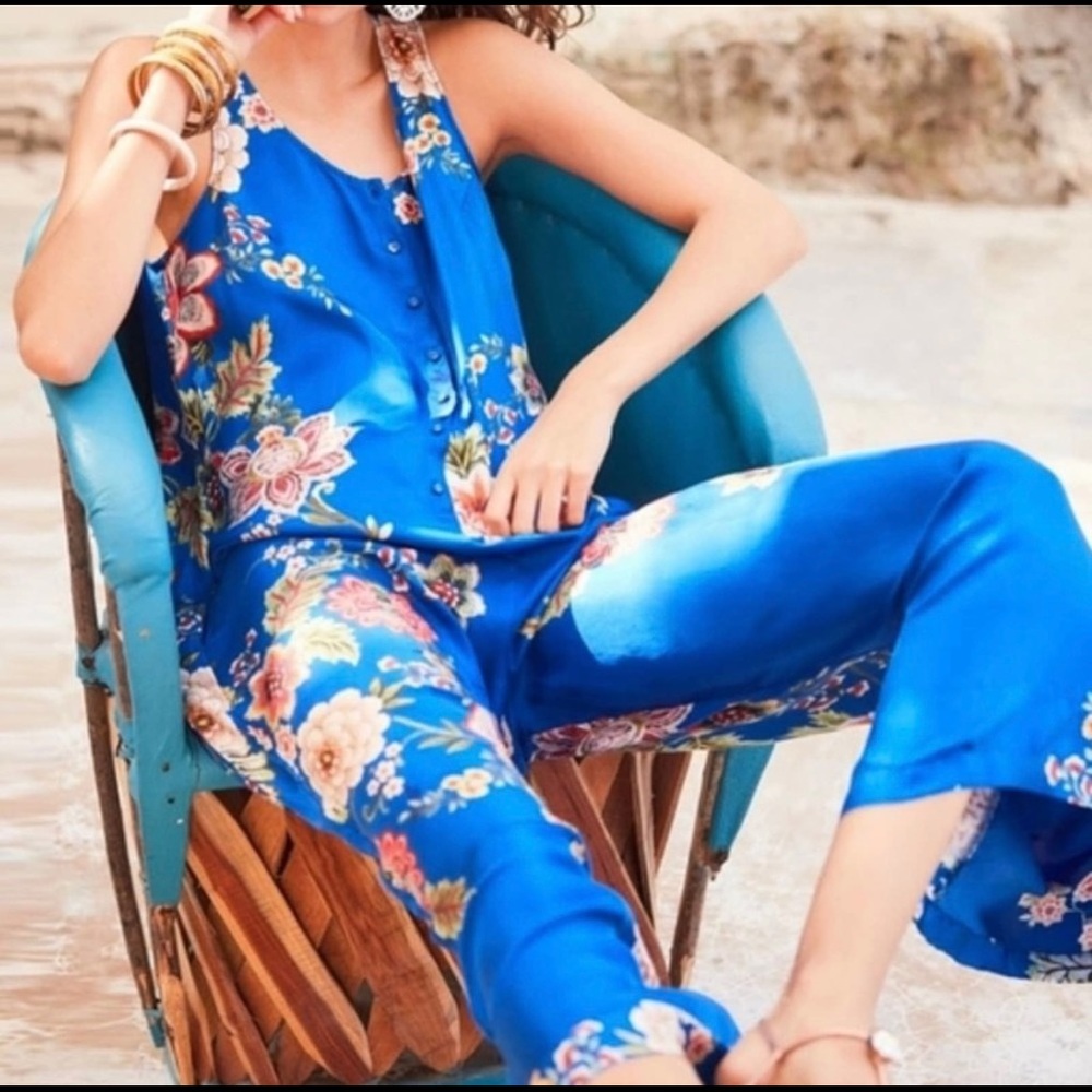 JOHNNY WAS Vivian floral-print button sleeveless SILK twill jumpsuit Size XL